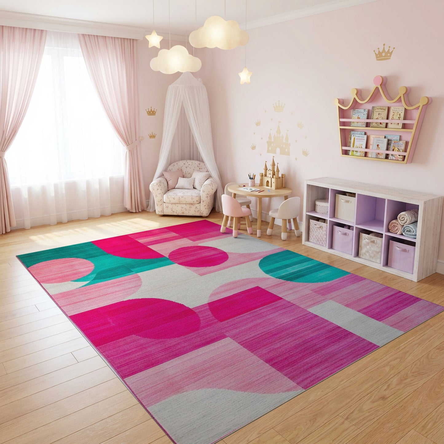 Playful Teal Pink Overlapping Circles Rug