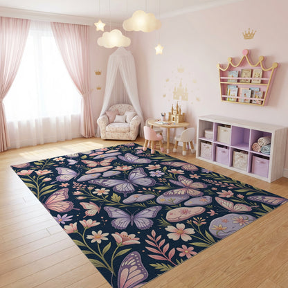 Whimsical Lavender Butterfly Floral Stones Rug