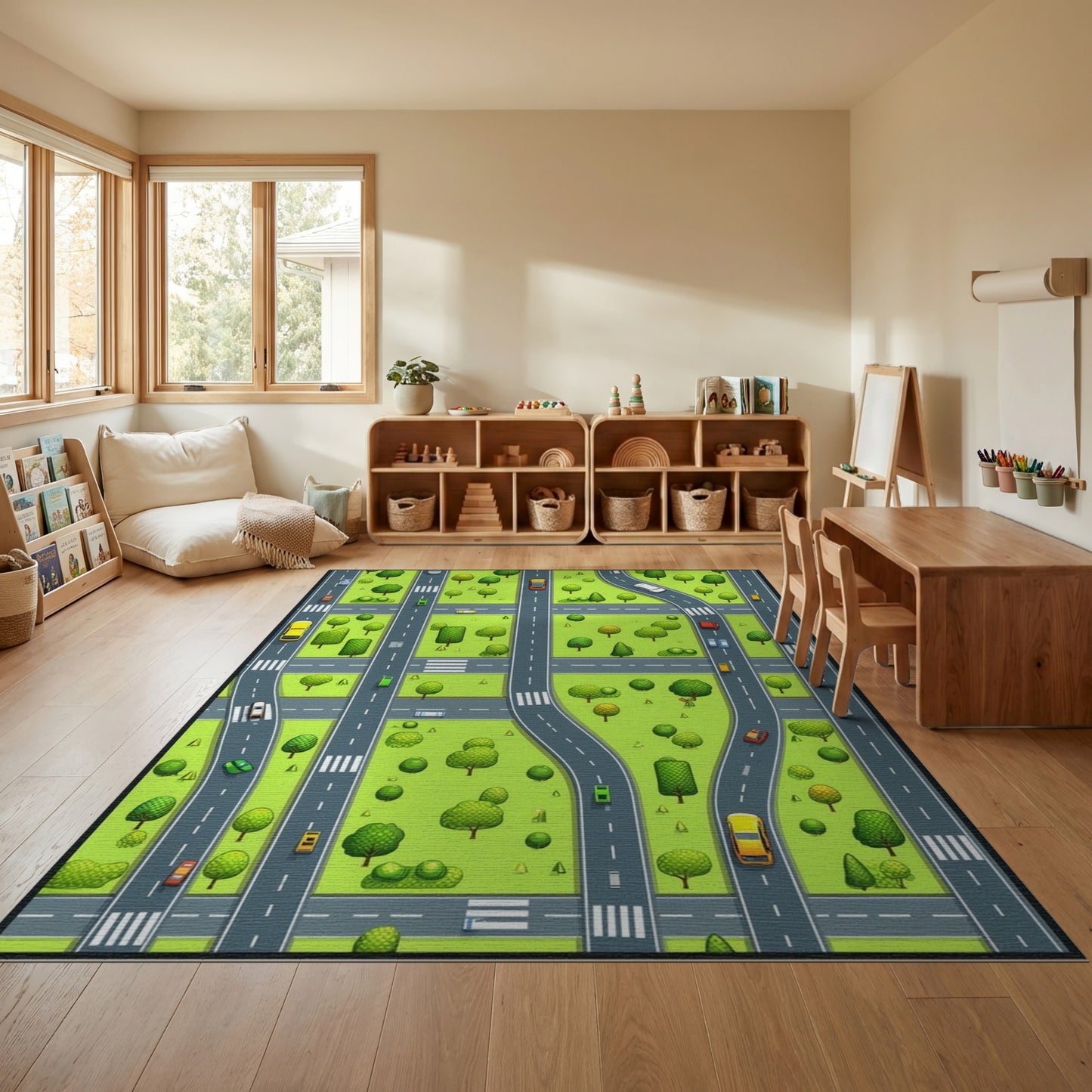 Vibrant City Roads Trees Cars Rug