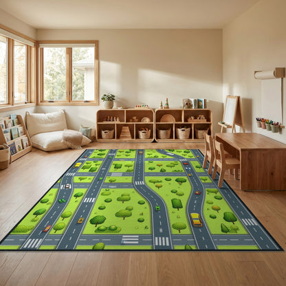 Vibrant City Roads Trees Cars Rug