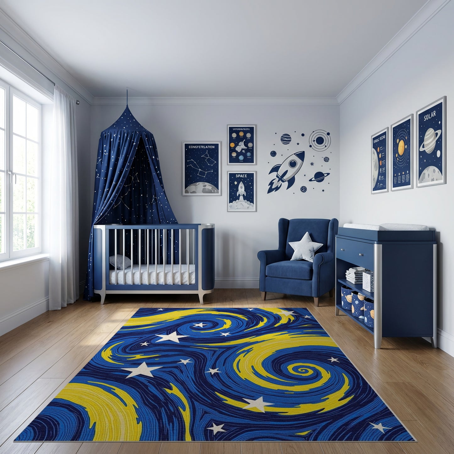 Navy Yellow Swirling Stars Rug