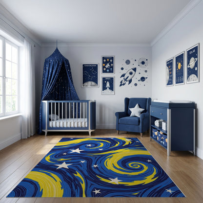 Navy Yellow Swirling Stars Rug