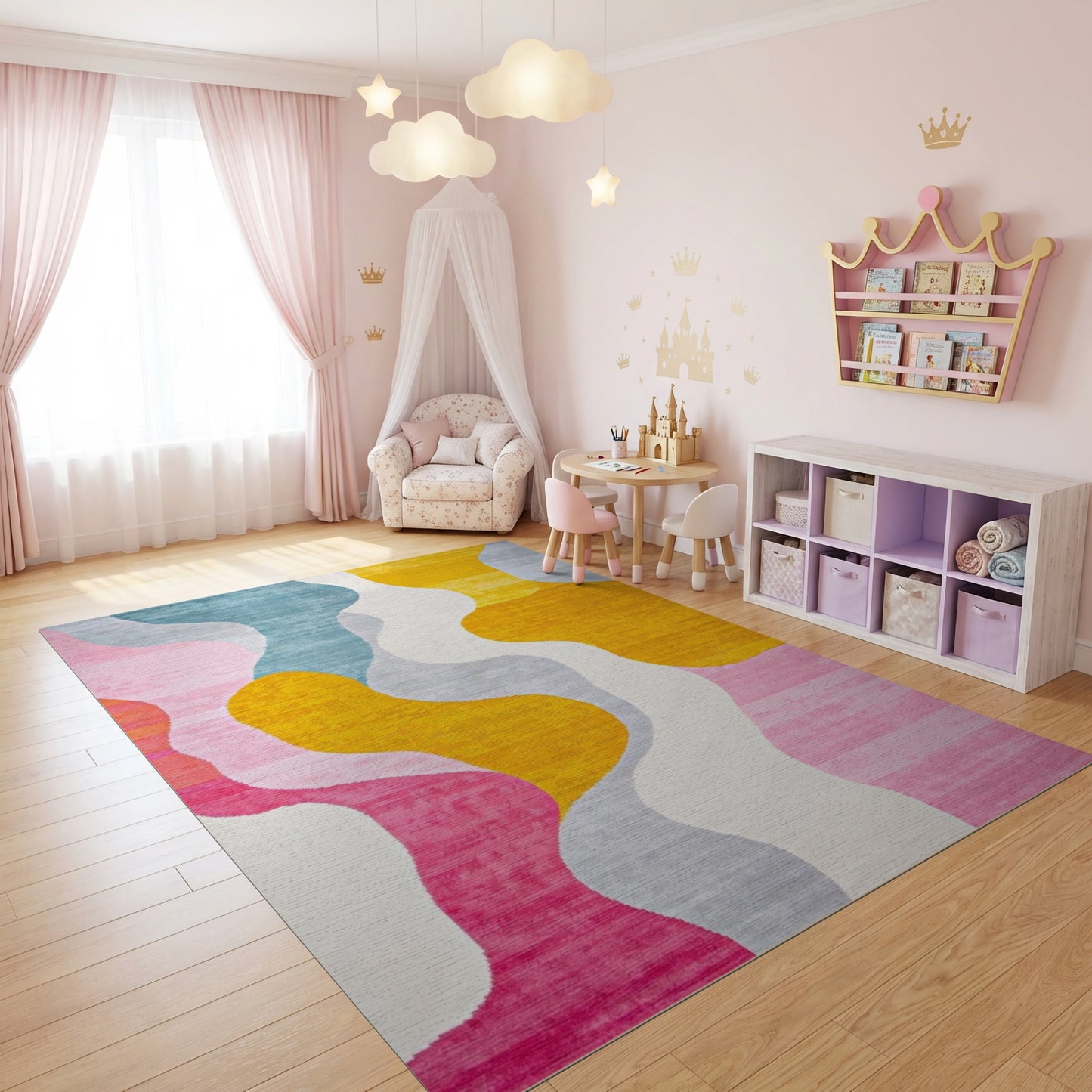 Vibrant Teal Pink Yellow Wavy Rug