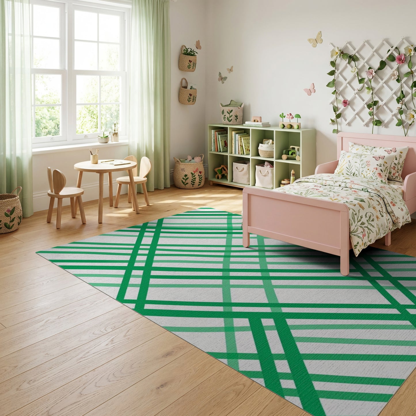Modern Green White Diagonal Stripes Rug