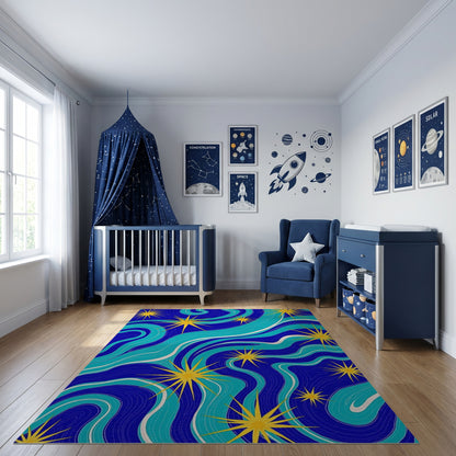 Navy Teal Wavy Yellow Stars Rug
