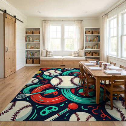 Whimsical Baseball Bats Rings Helmets Rug