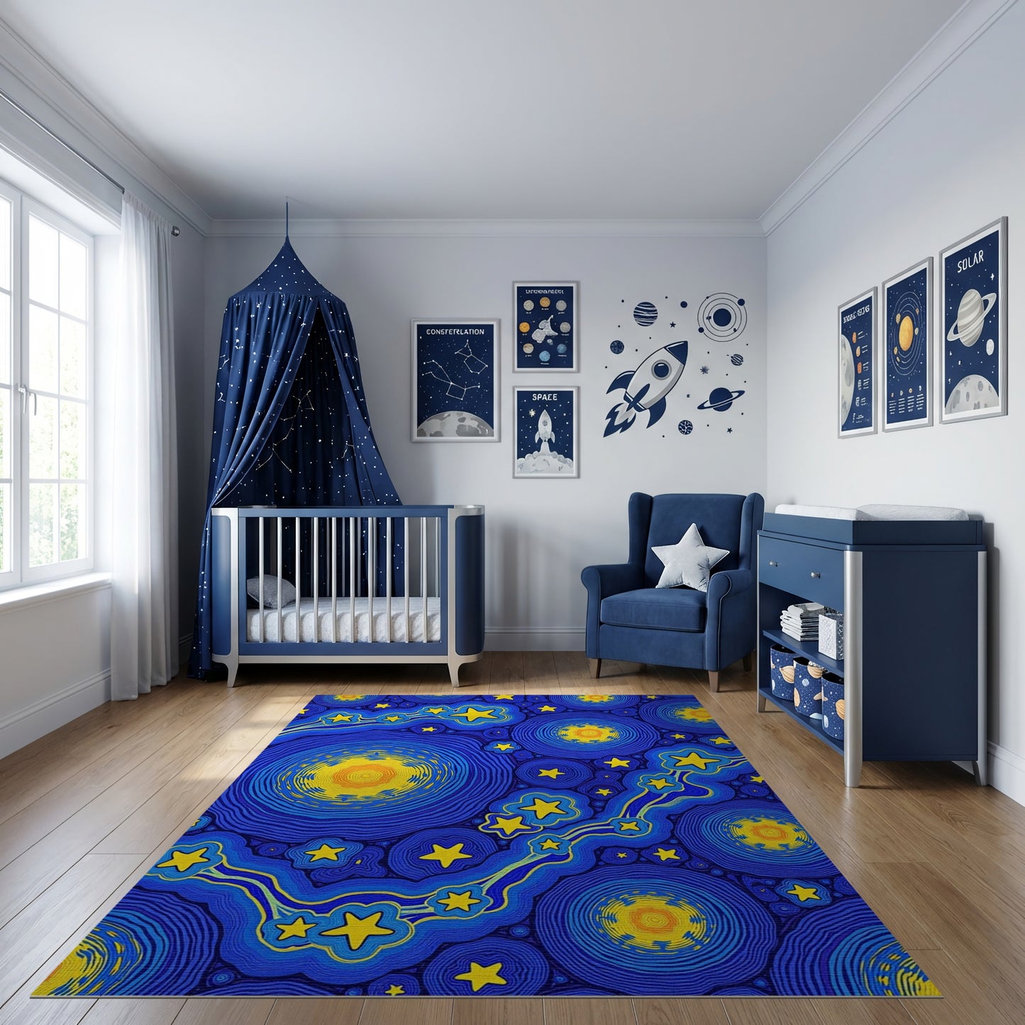 Navy Blue Swirling Yellow Stars Circles Rug