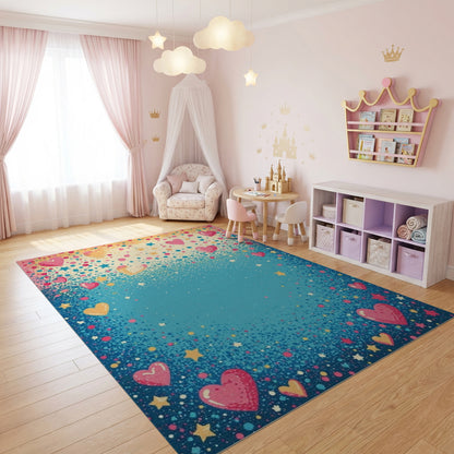 Whimsical Pink Hearts Stars Blue Rug
