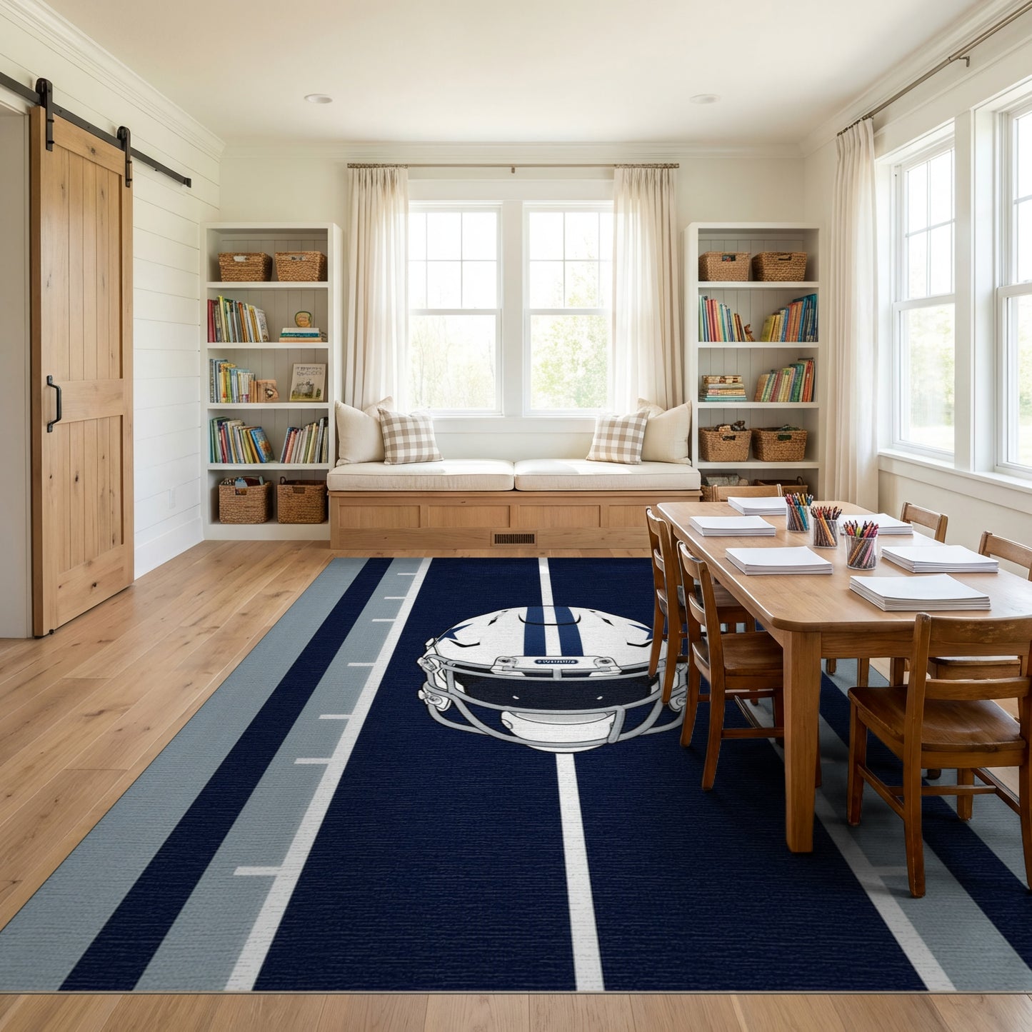 Navy White Striped Football Helmet Rug