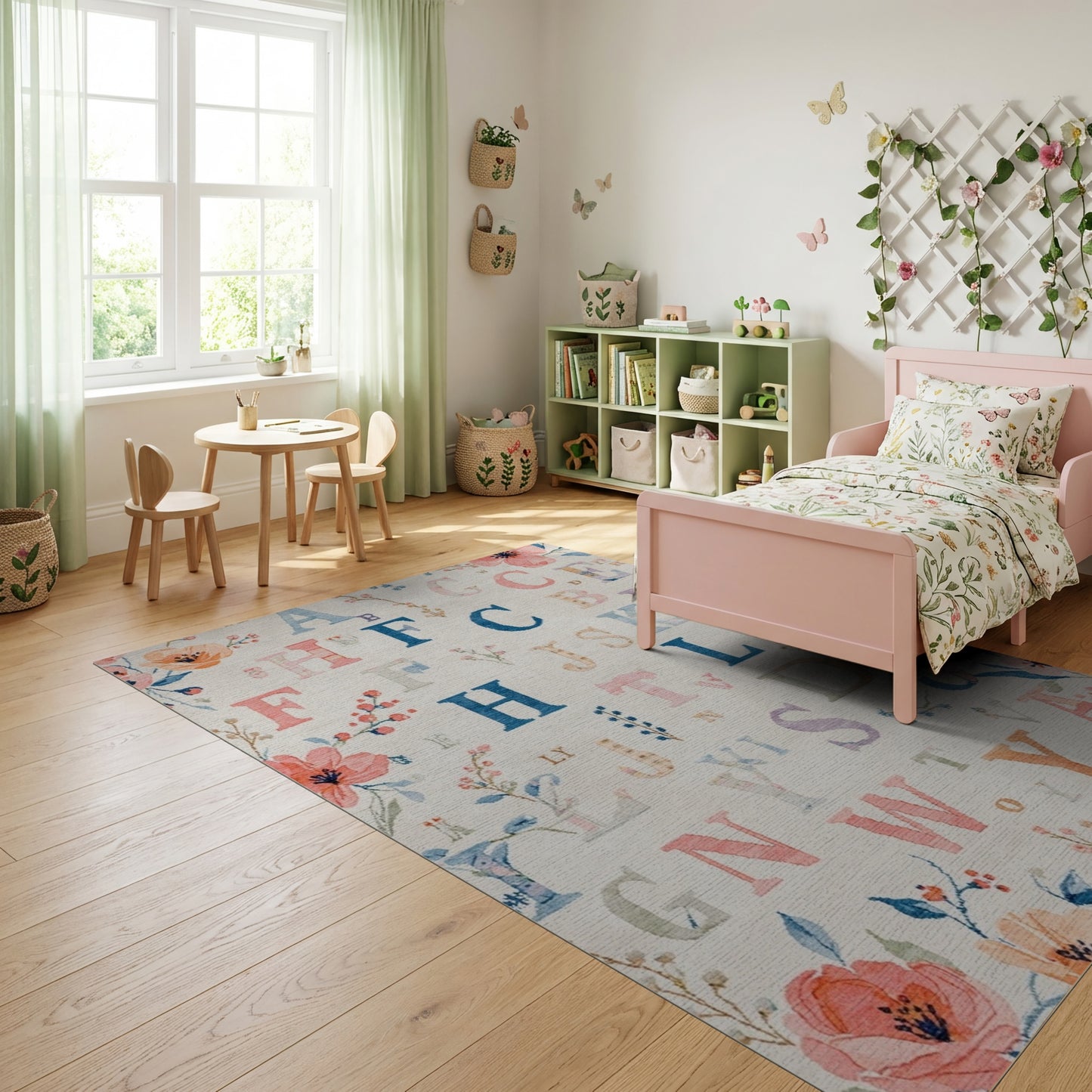 Whimsical Pastel Alphabet Floral Rug