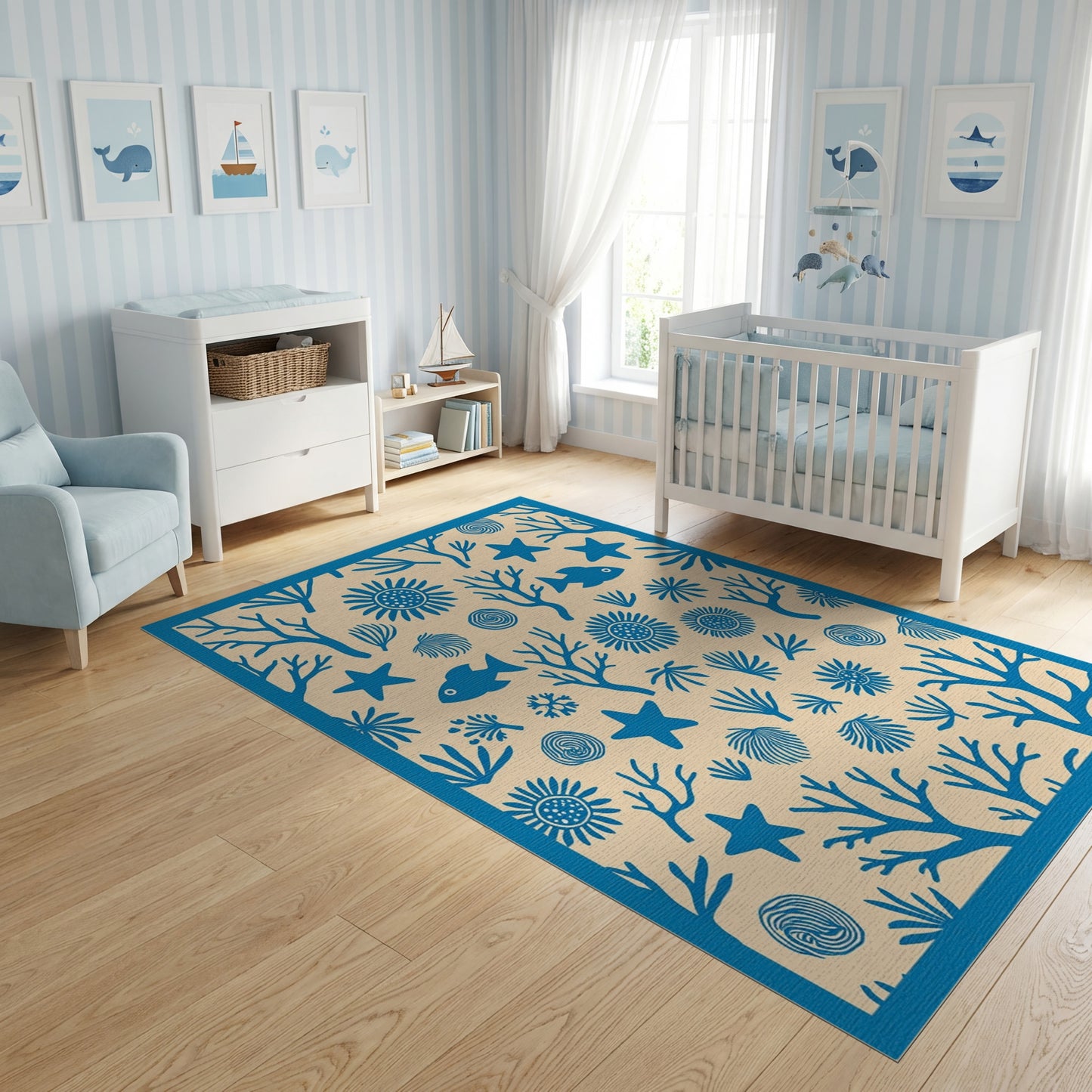 Whimsical Blue Coral Starfish Seashell Rug