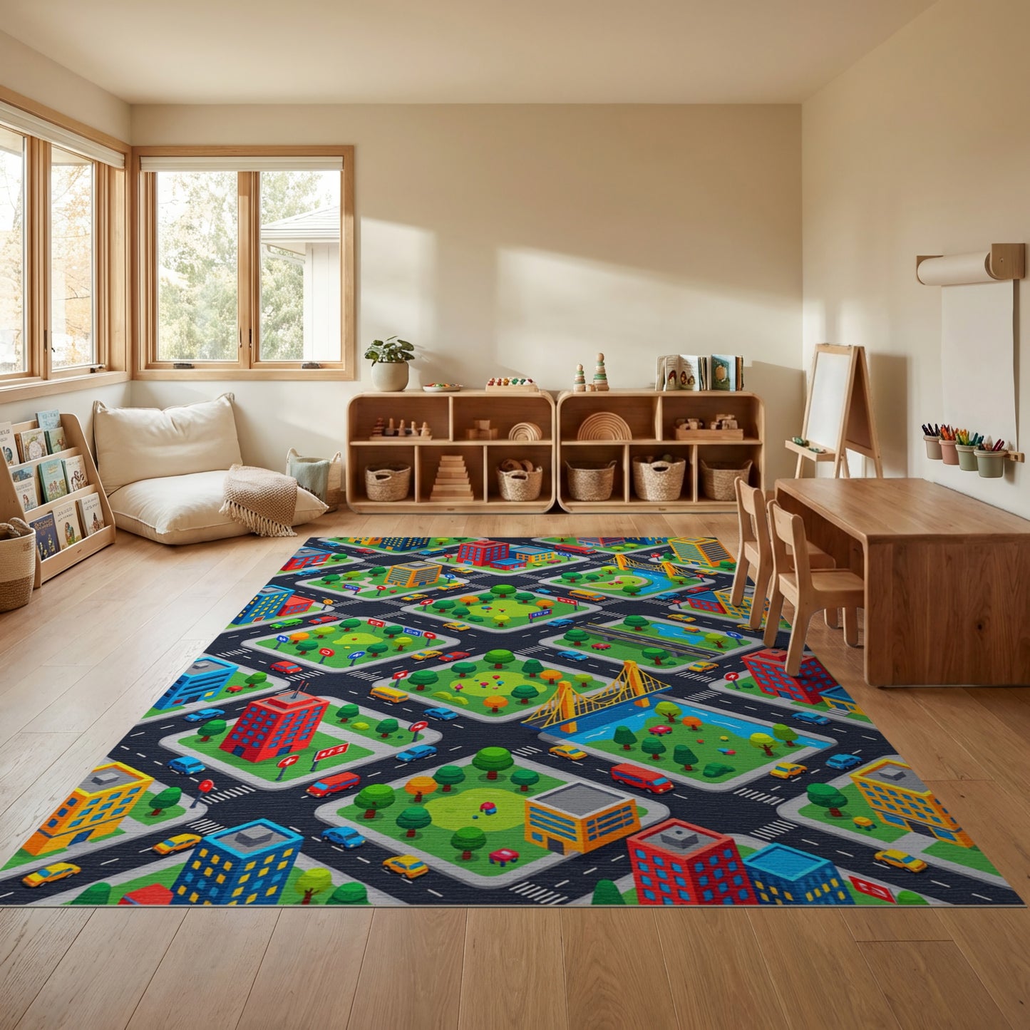 Colorful Isometric City Parks Bridge Rug