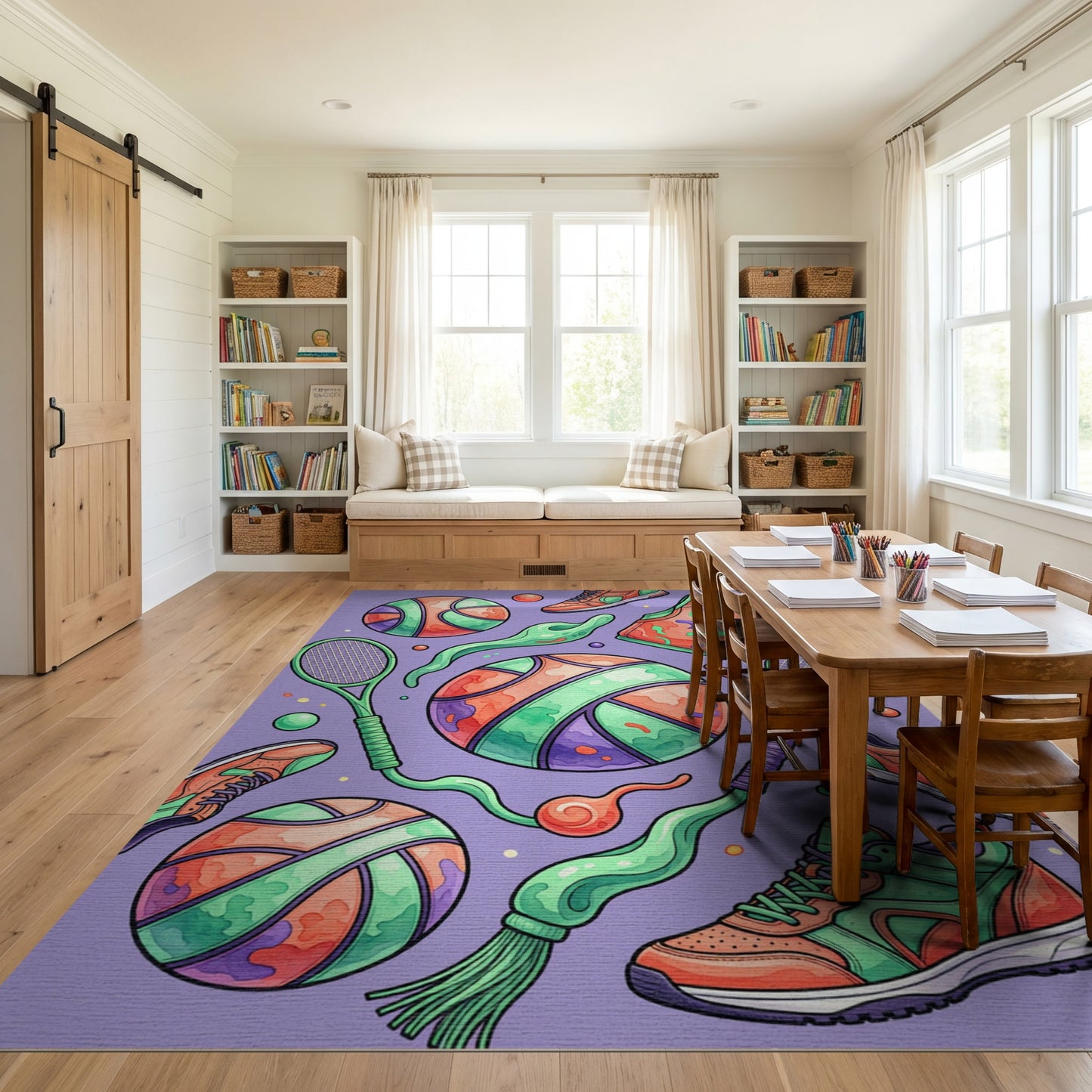 Vibrant Basketball Tennis Sneaker Pattern Rug