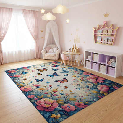 Pink Blue Butterfly Floral Whimsical Rug