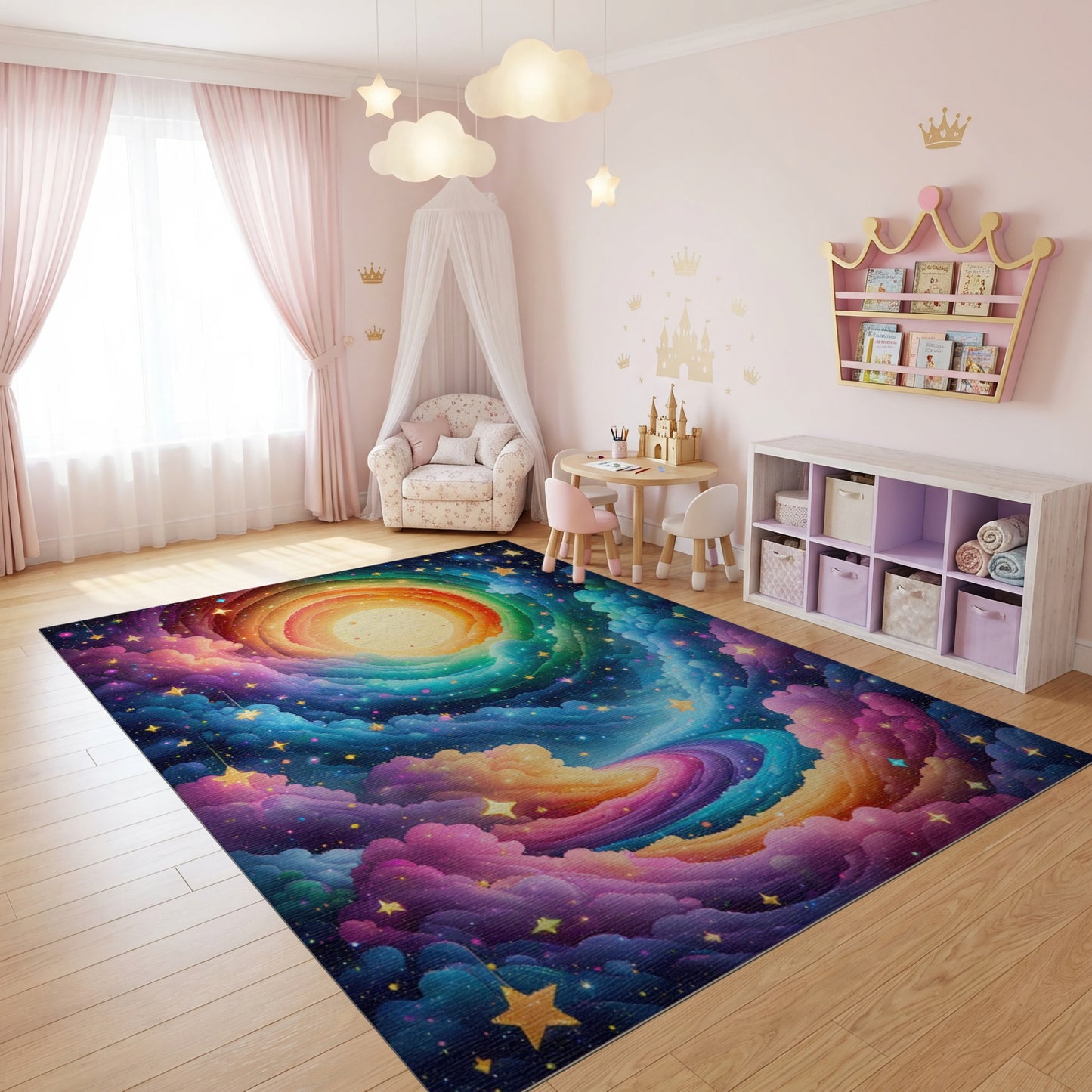 Dreamy Rainbow Swirl Clouds Stars Rug