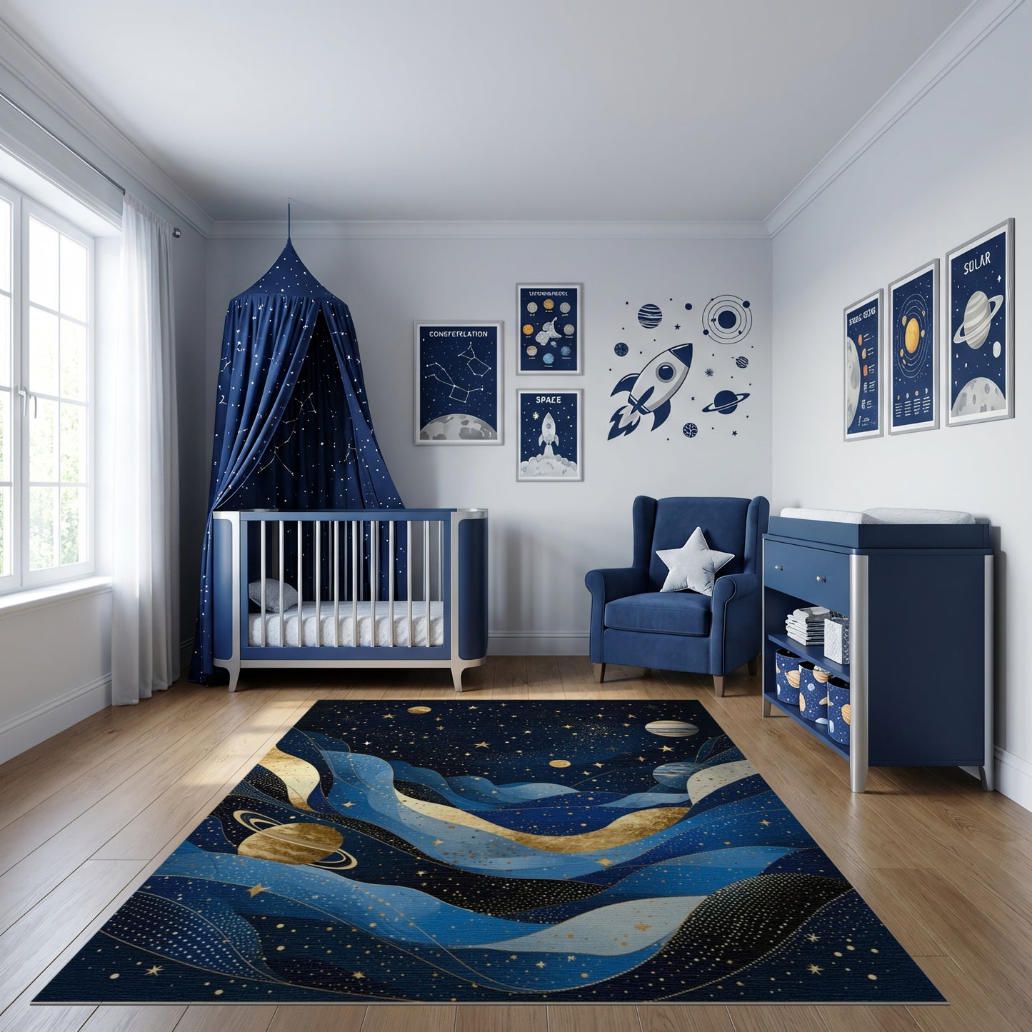 Starry Navy Waves Gold Planets Rug