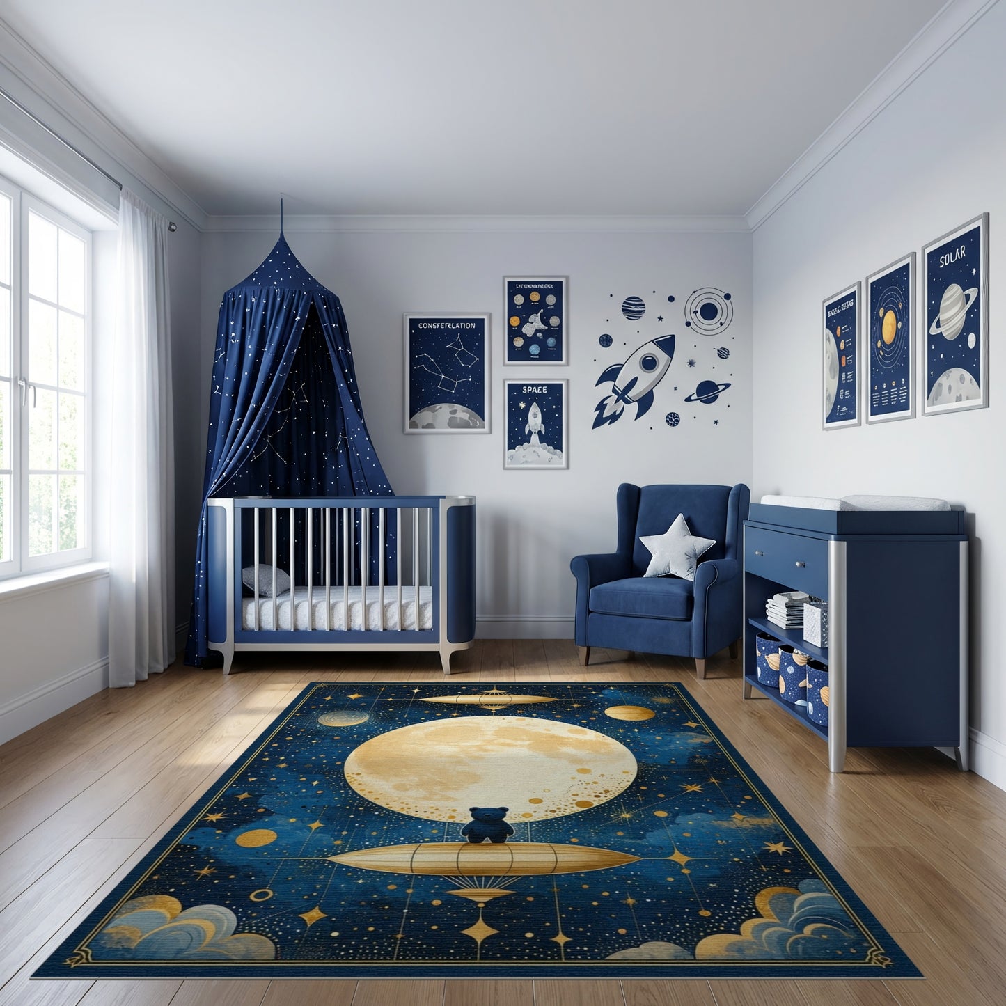 Navy Starry Golden Moon Bear Airship Rug