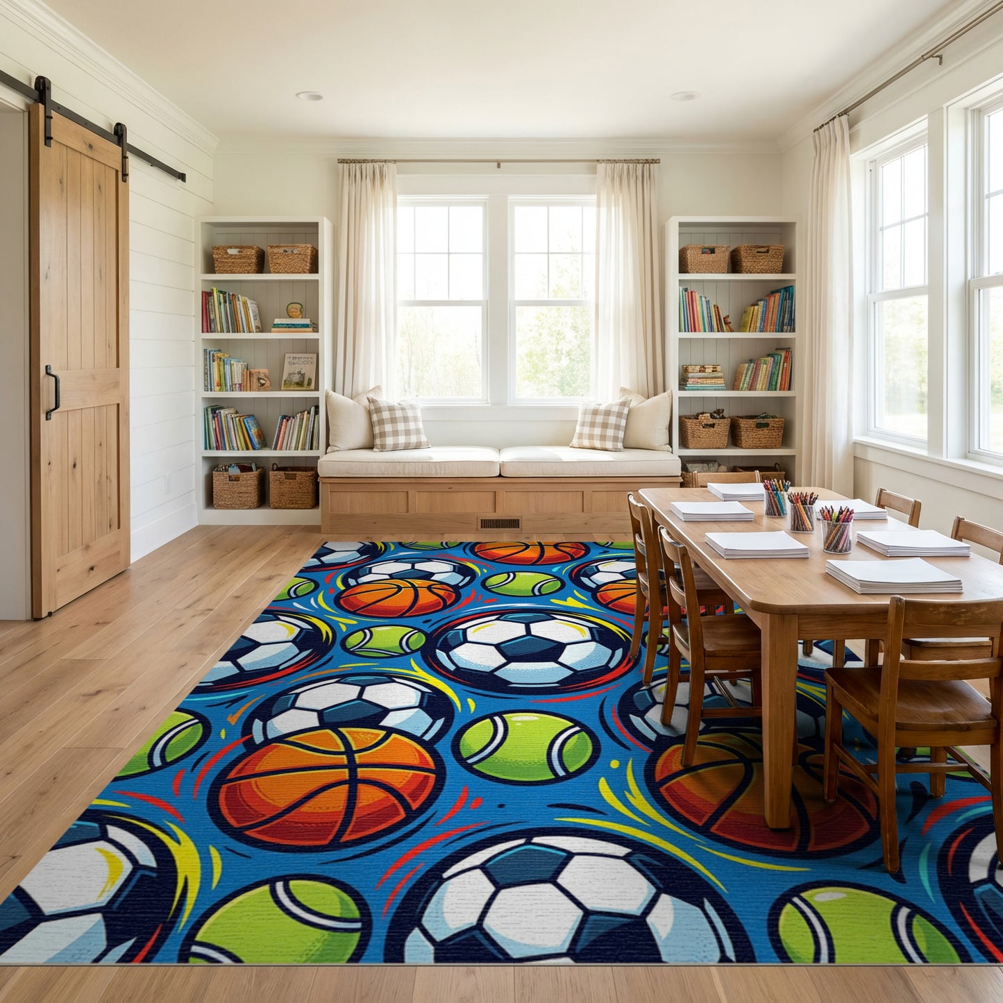 Vibrant Basketball Soccer Tennis Balls Rug