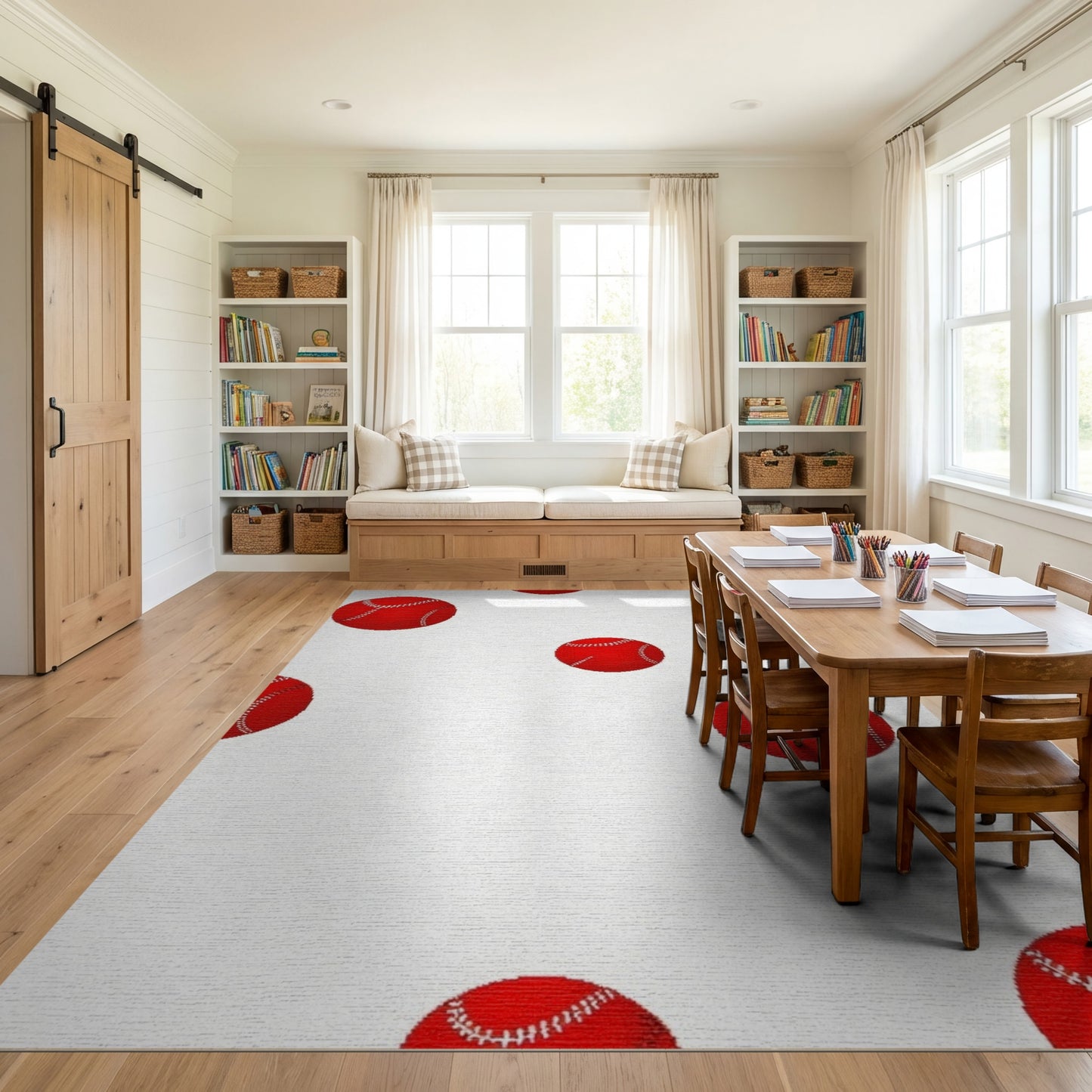 Scattered Red Stitched Baseballs Playful Rug
