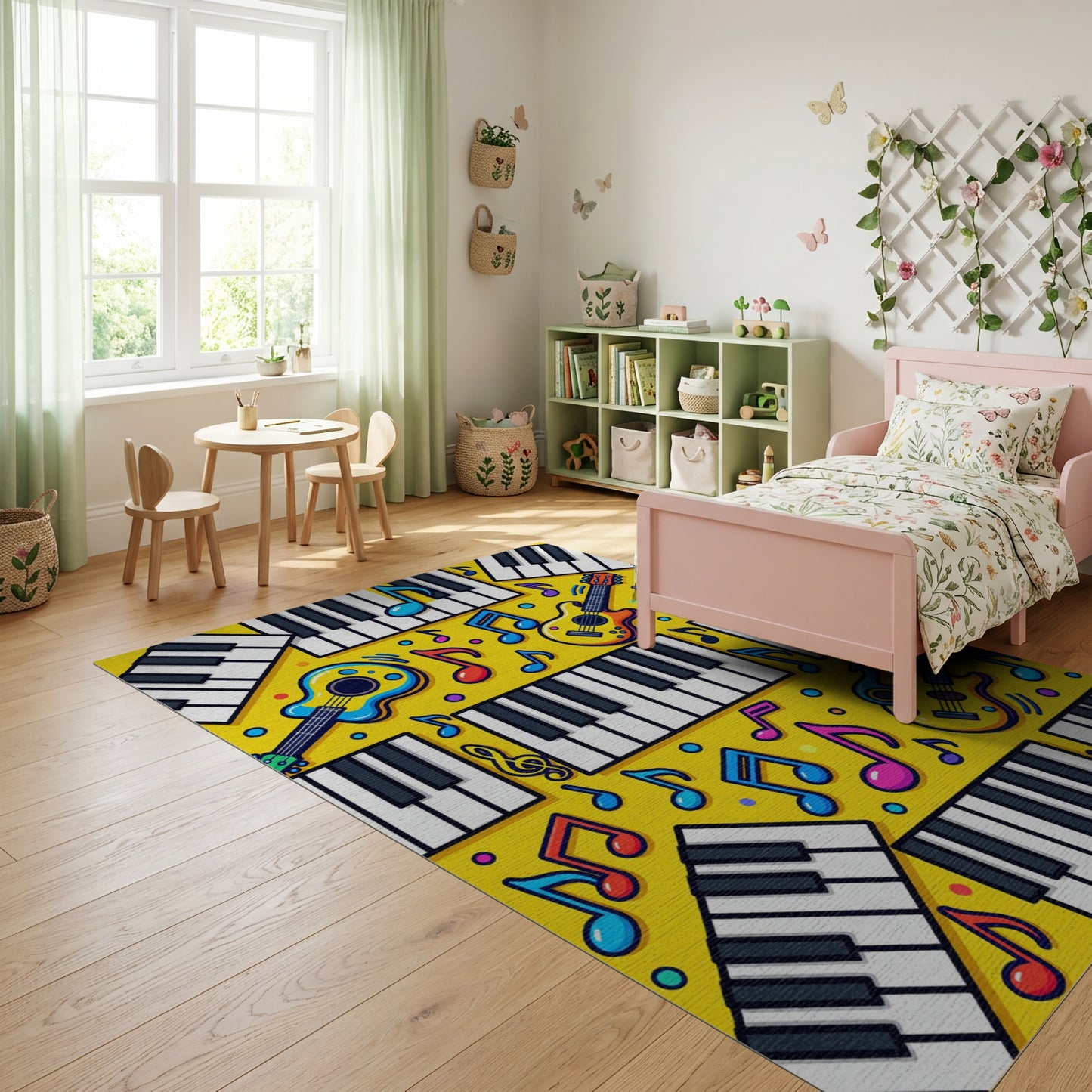 Vibrant Yellow Piano Guitar Notes Rug