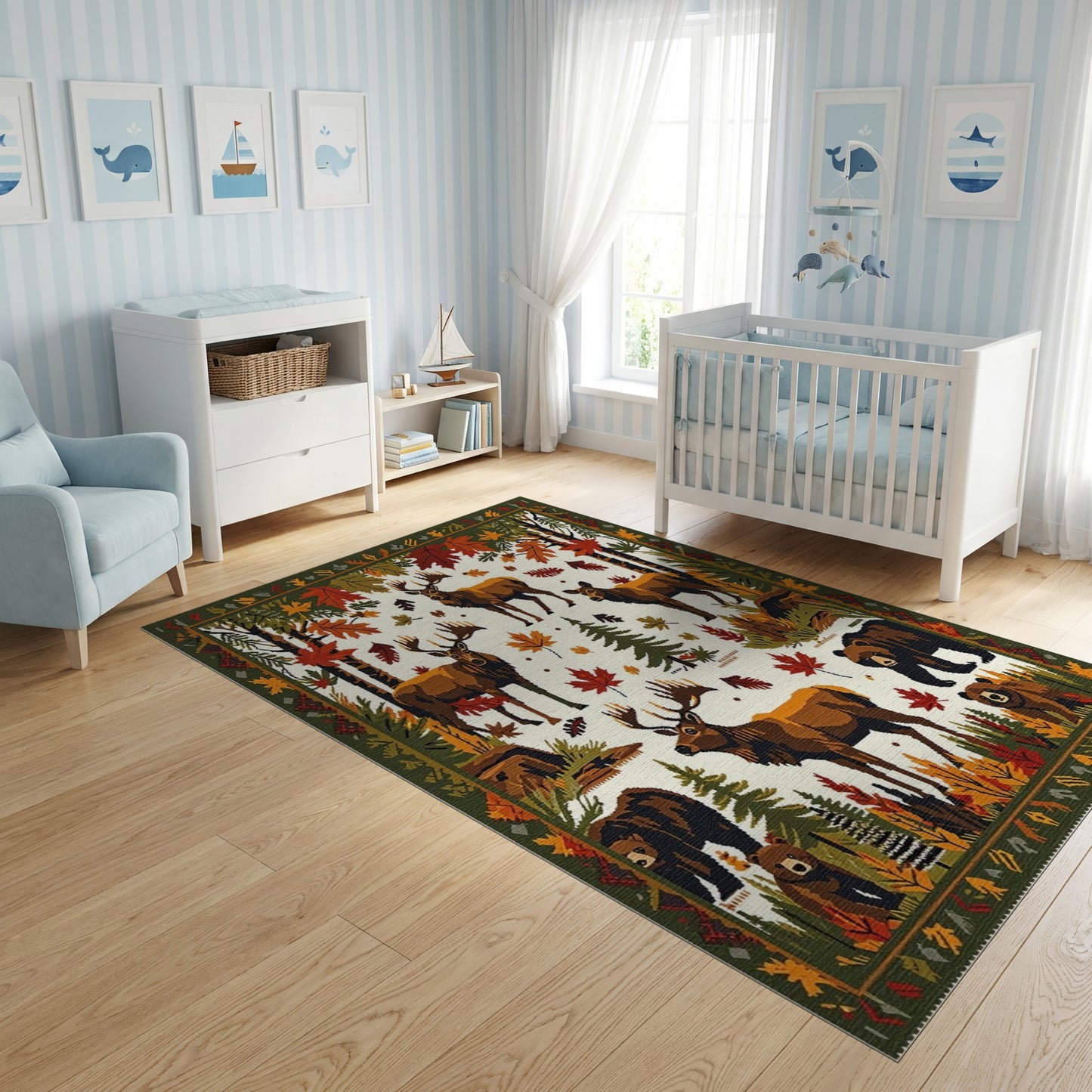 Rustic Autumn Elk Bear Forest Rug