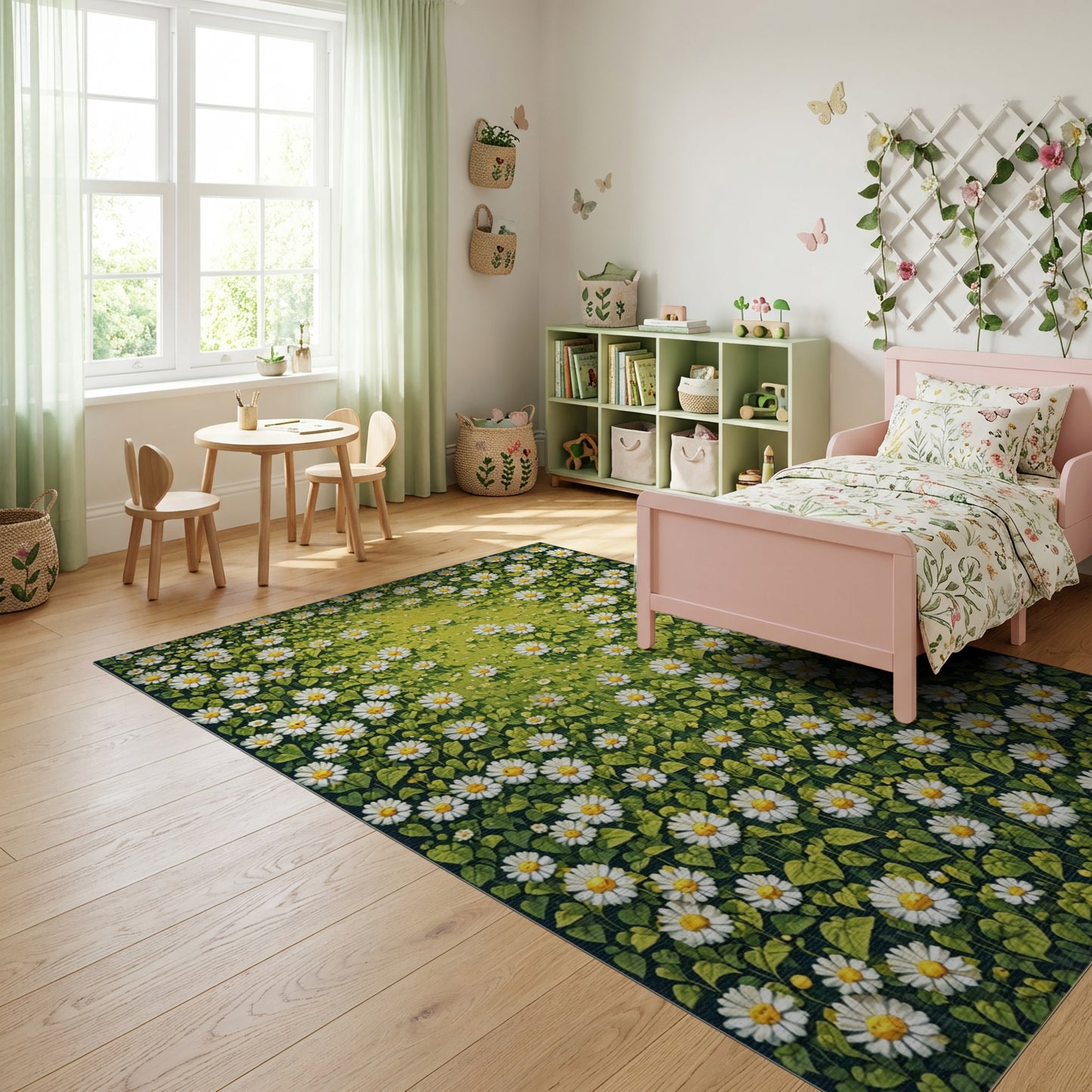 Vibrant White Daisy Meadow Rug