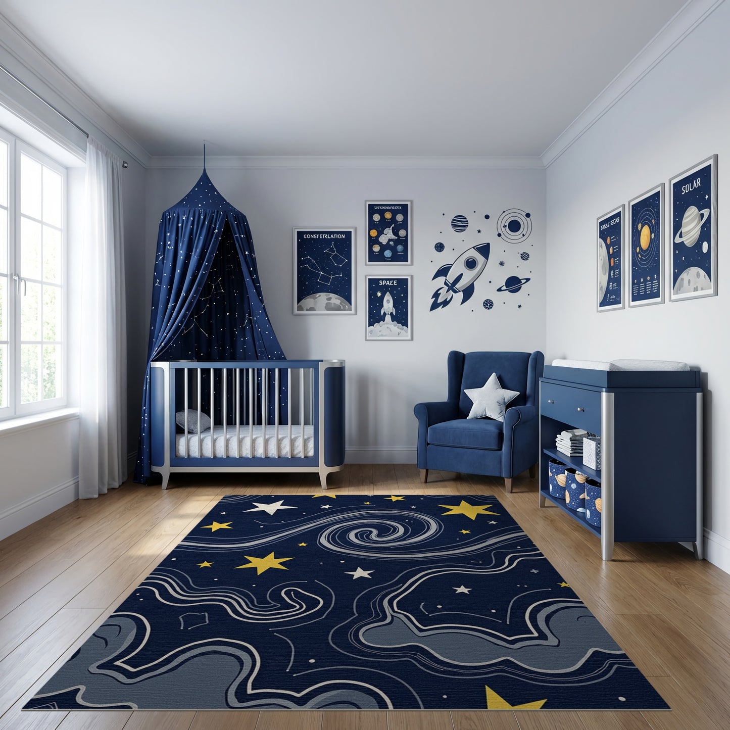 Navy Cosmic Swirling Stars Rug