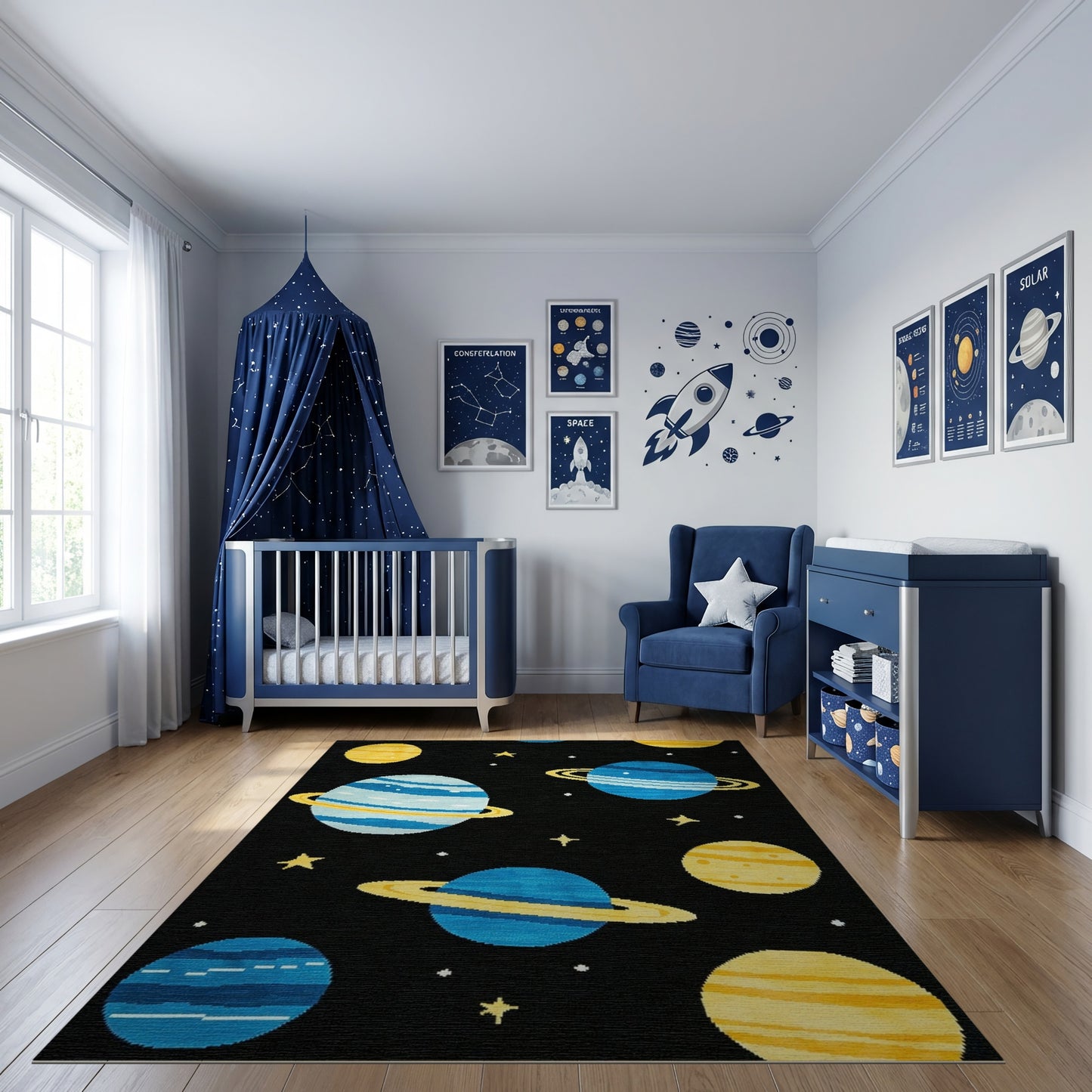 Whimsical Blue Yellow Planets Stars Rug