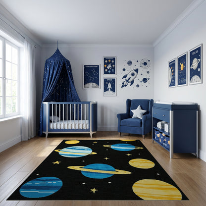 Whimsical Blue Yellow Planets Stars Rug