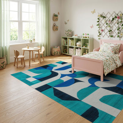 Teal Navy Abstract Geometric Rug
