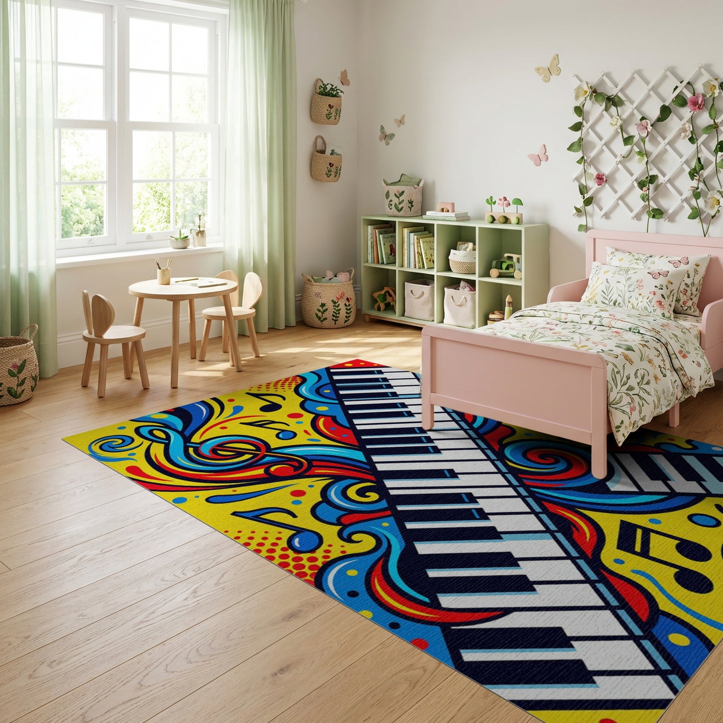 Vibrant Musical Piano Swirls Notes Rug