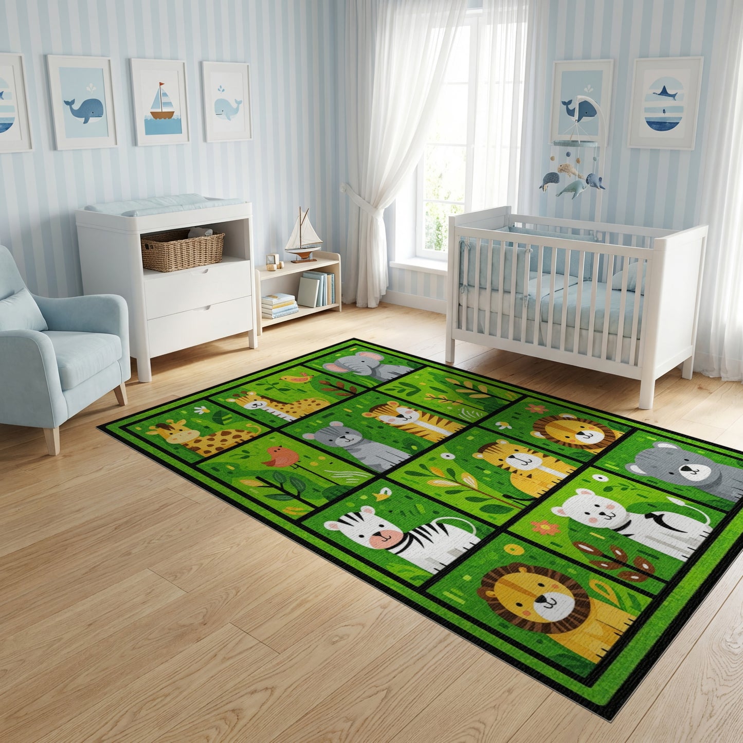 Playful Green Cartoon Jungle Animals Rug