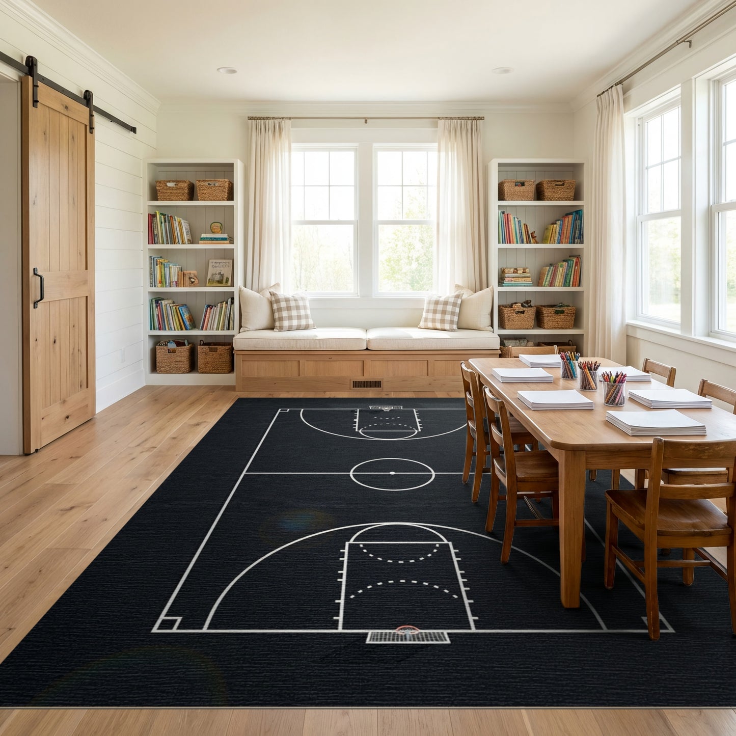 Black and White Basketball Court Lines Rug