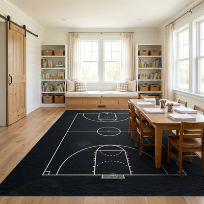 Black and White Basketball Court Lines Rug