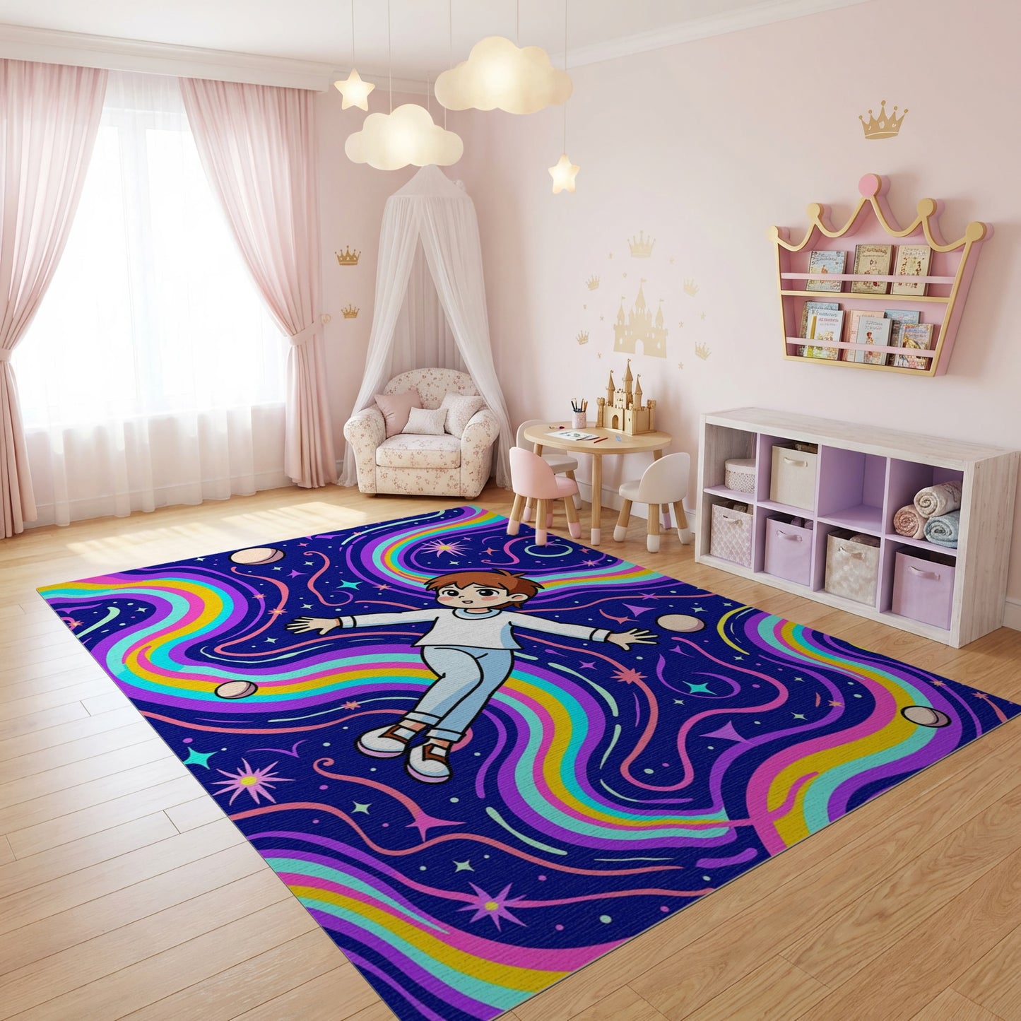 Cosmic Rainbow Waves Floating Boy Stars Rug