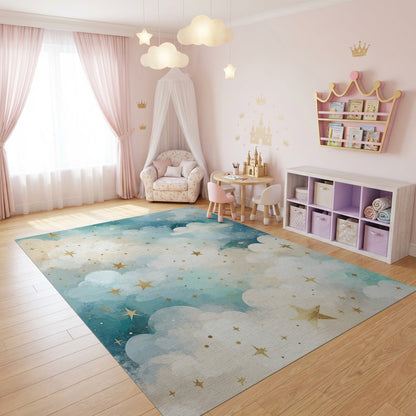 Dreamy Teal Clouds Golden Stars Rug