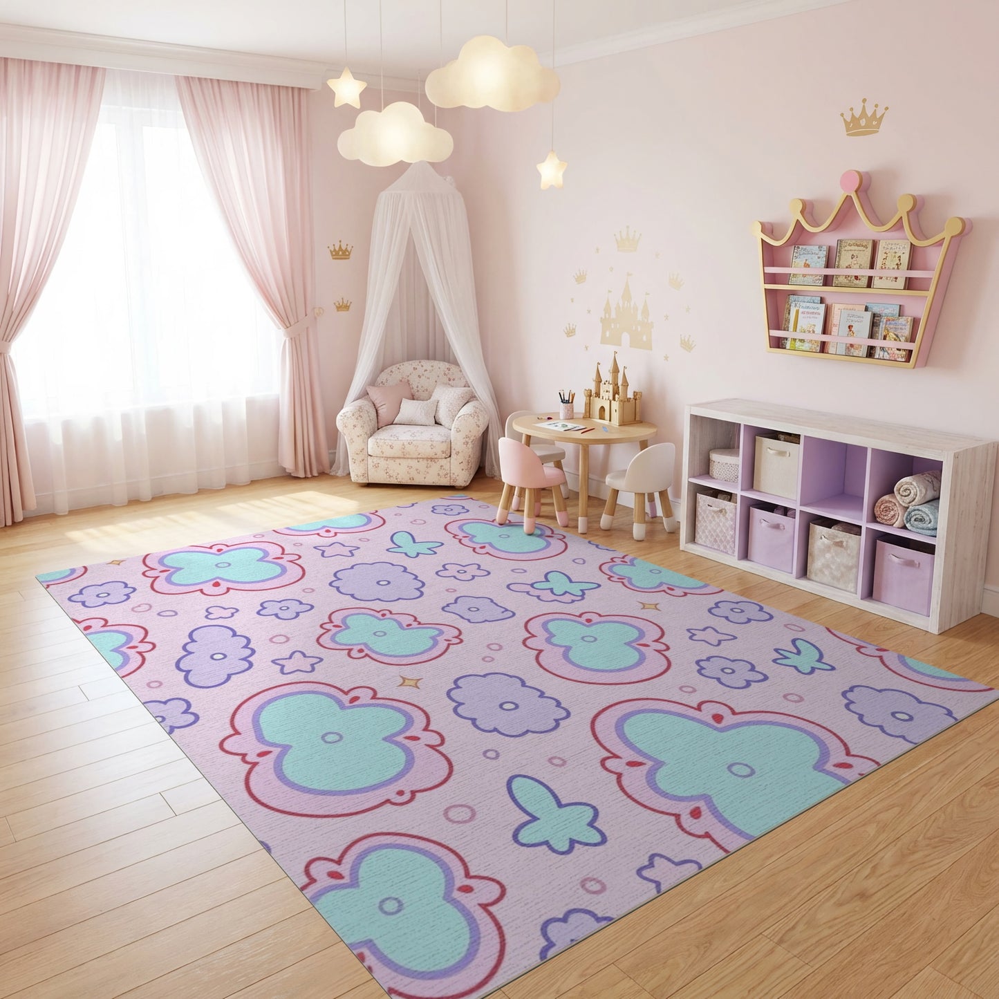 Pink Teal Purple Floral Butterfly Whimsical Rug