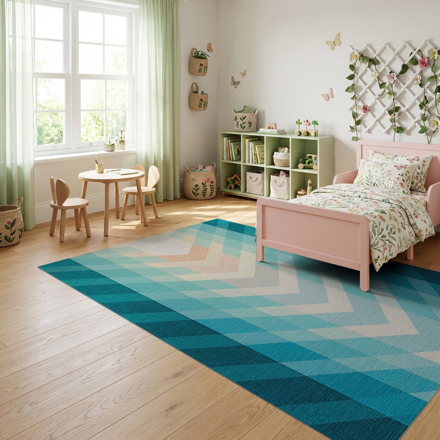 Modern Teal Chevron Gradient Rug