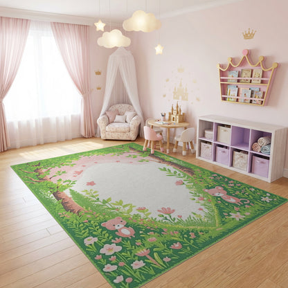 Whimsical Forest Teddy Bears Floral Rug