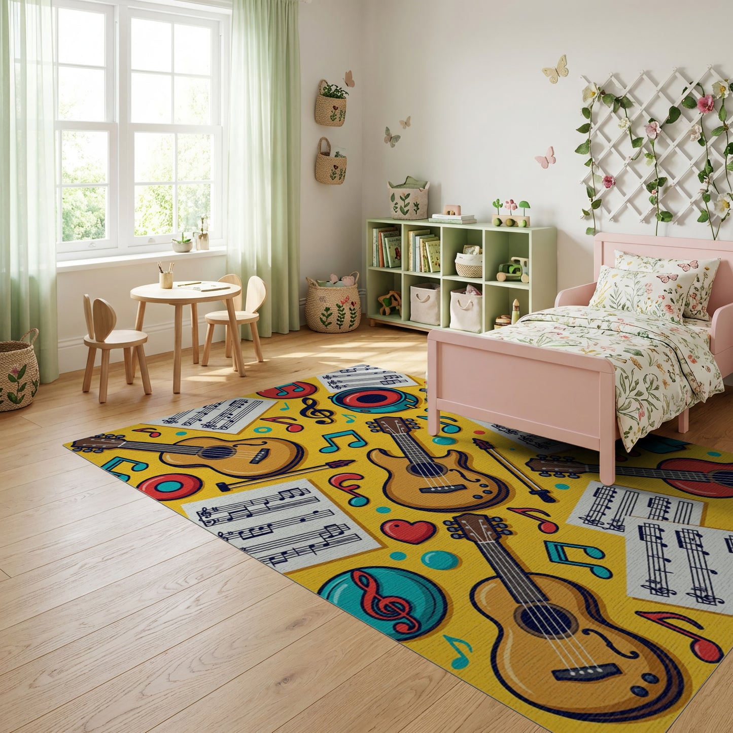 Vibrant Yellow Guitars Music Notes Rug