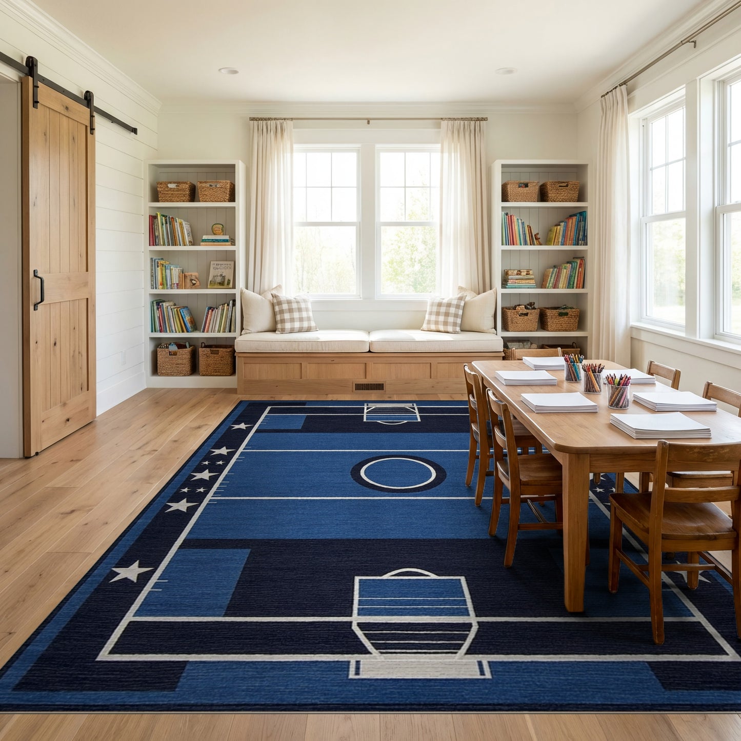Navy Basketball Court Hoops Stars Rug