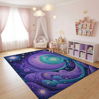 Purple Teal Cosmic Swirl Stars Rug