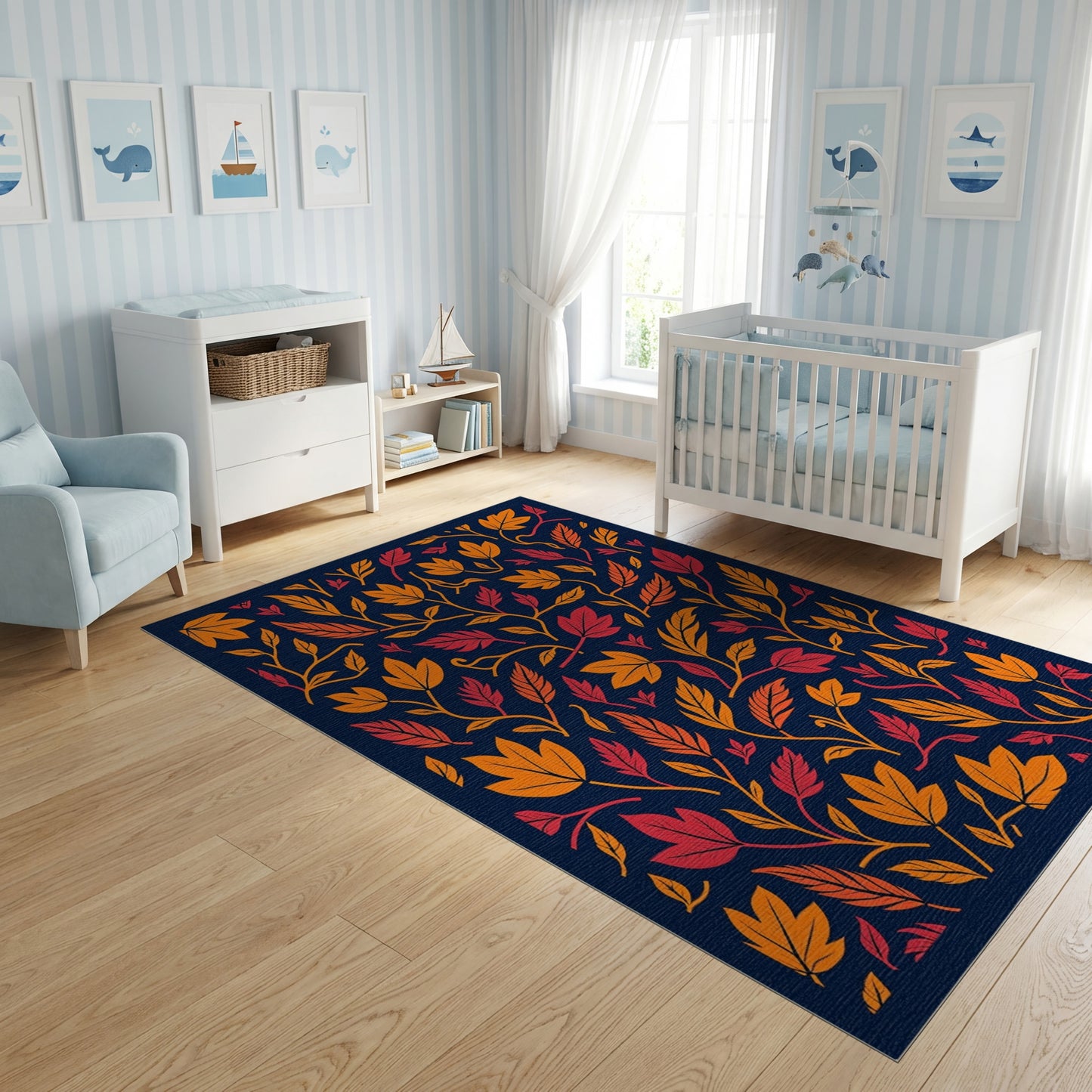 Vibrant Orange Red Leaves Navy Rug
