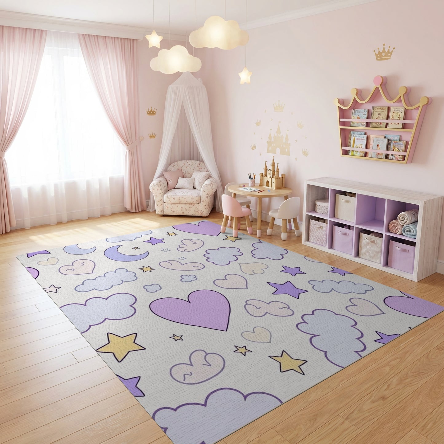 Whimsical Pastel Stars Moons Clouds Hearts Rug