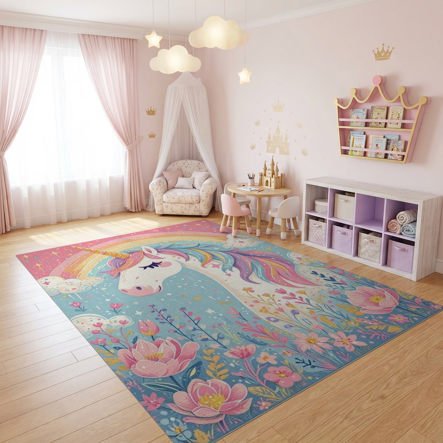 Whimsical Unicorn Rainbow Floral Stars Rug