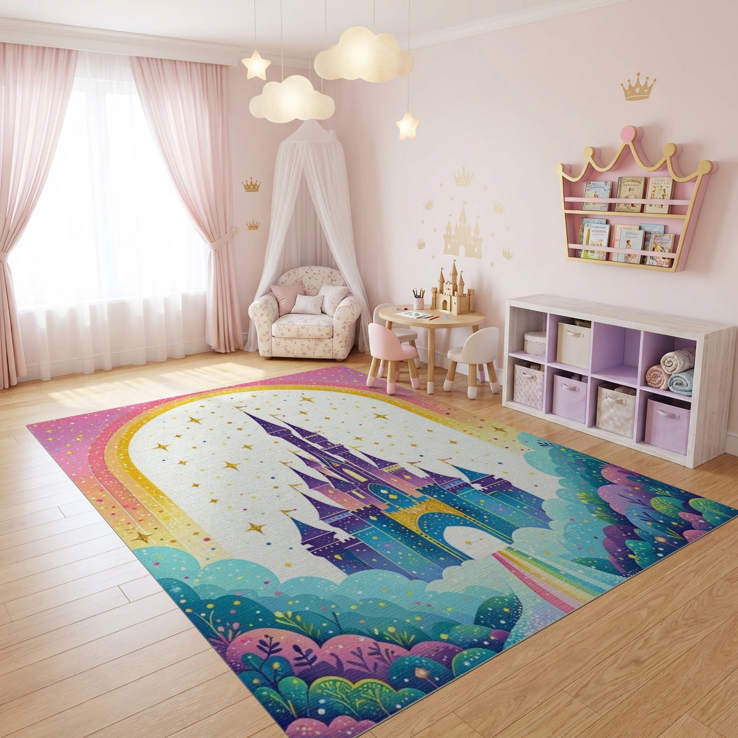 Whimsical Castle Rainbow Stars Rug