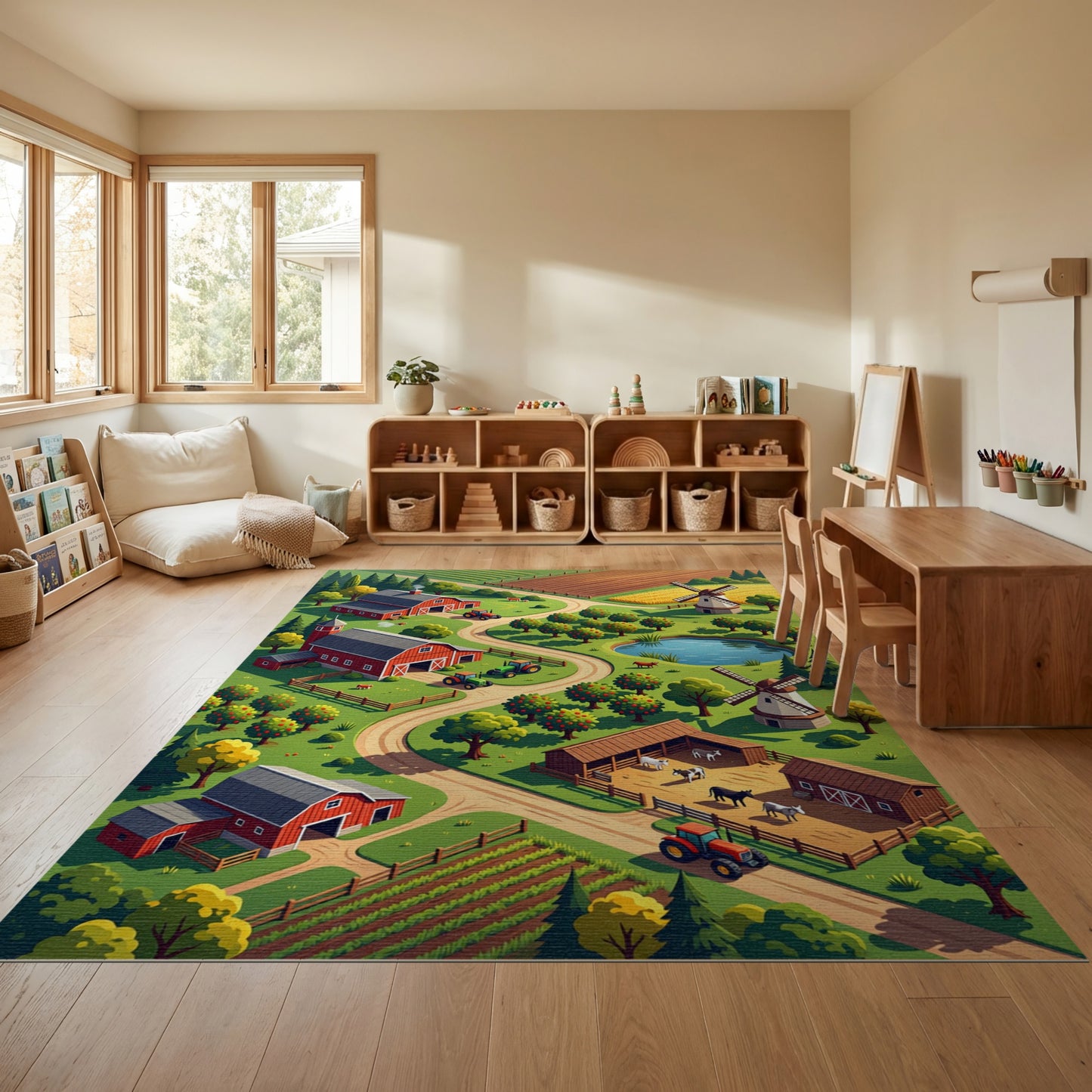 Vibrant Isometric Farm Barn Scene Rug
