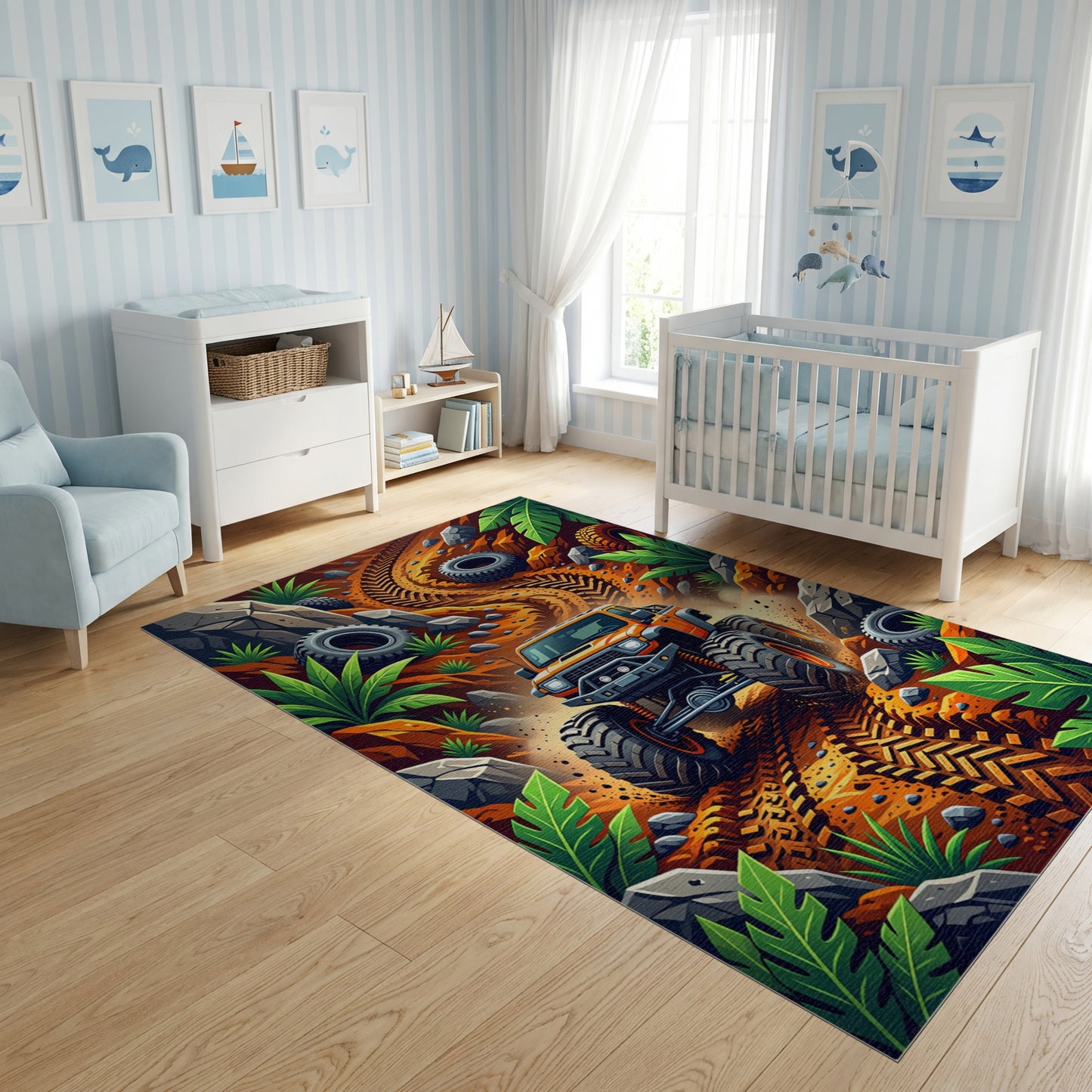 Vibrant Monster Truck Jungle Trail Rug