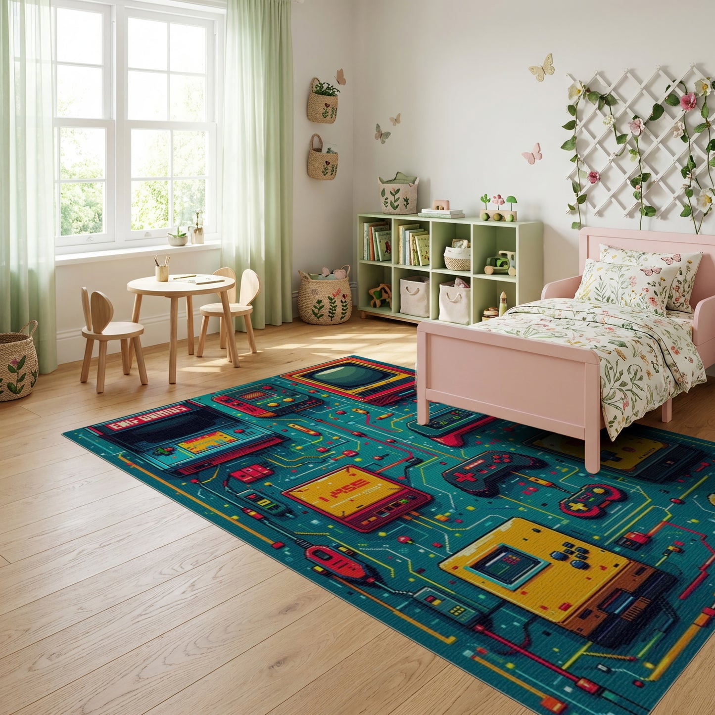 Vibrant Teal Retro Arcade Gaming Rug