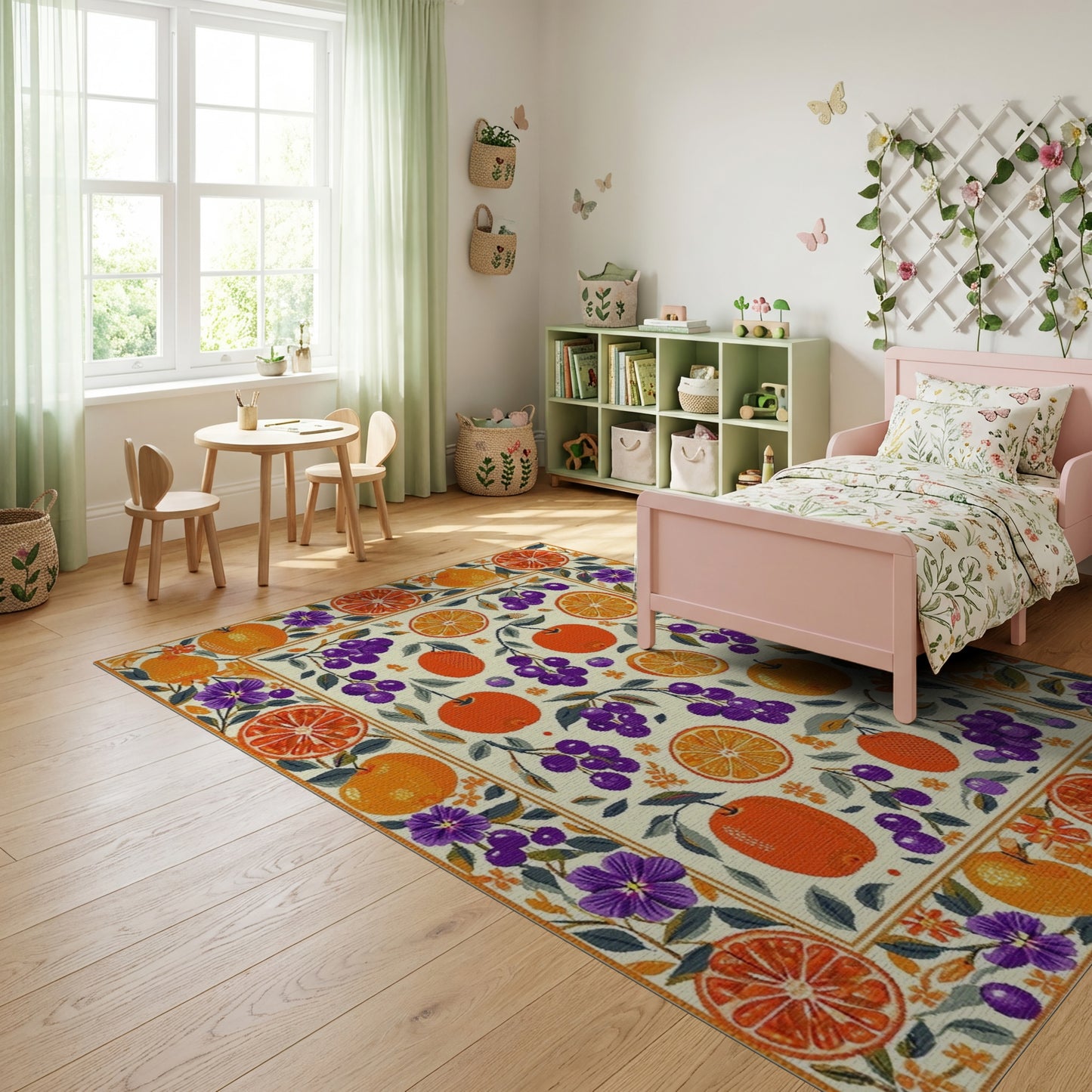 Whimsical Orange Grape Floral Border Rug
